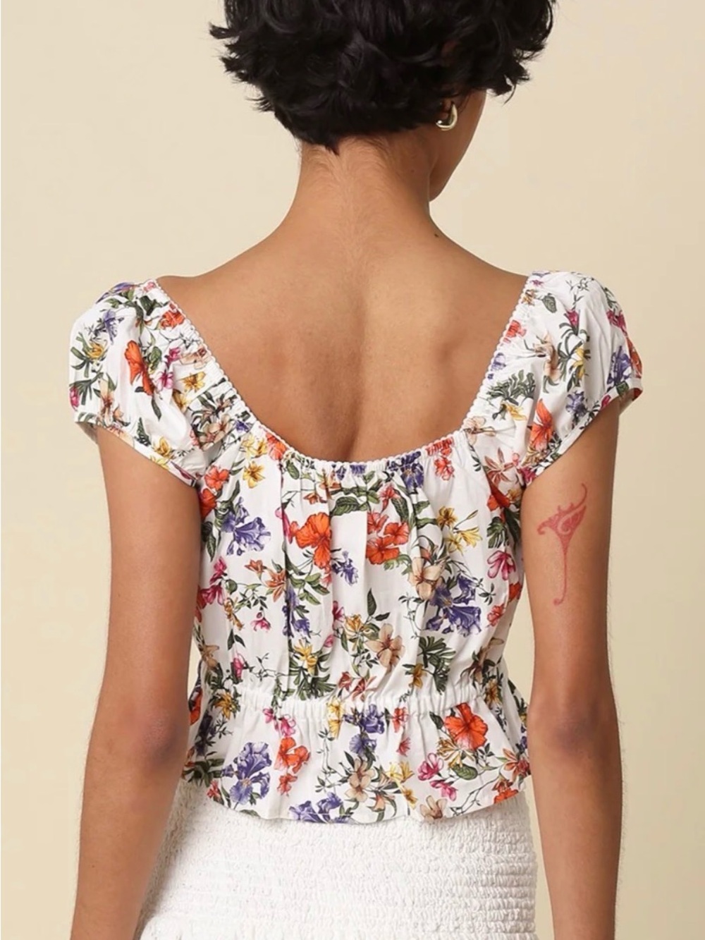 Women's White Floral Peplum Square-Neck Top